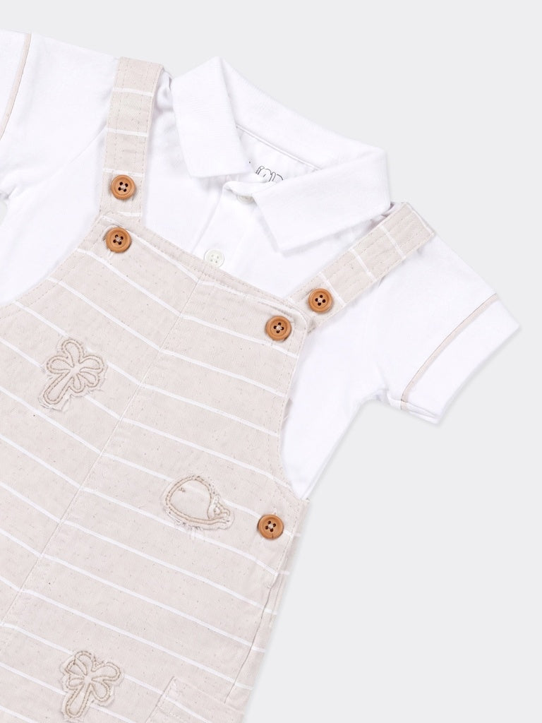 HOP Baby Boys Taupe Striped Cotton-Blend Dungaree Set