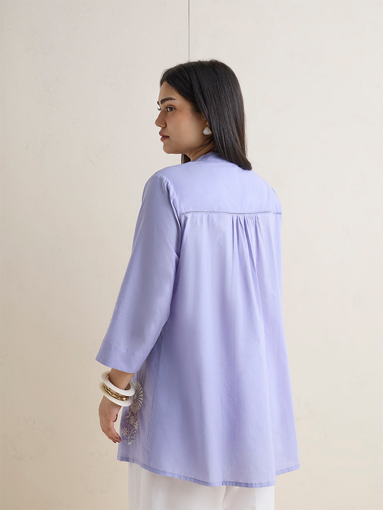 Diza Lilac Floral Embroidered Cotton Straight Kurti