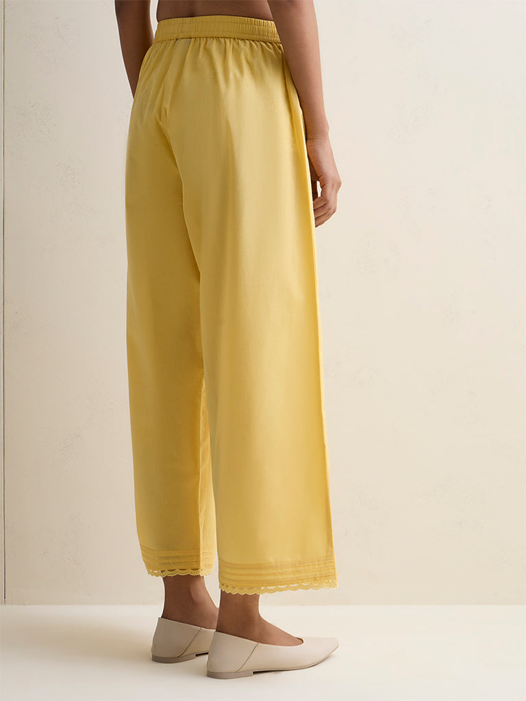 Zuba Yellow Lace-Detailed Silk Chanderi Pants