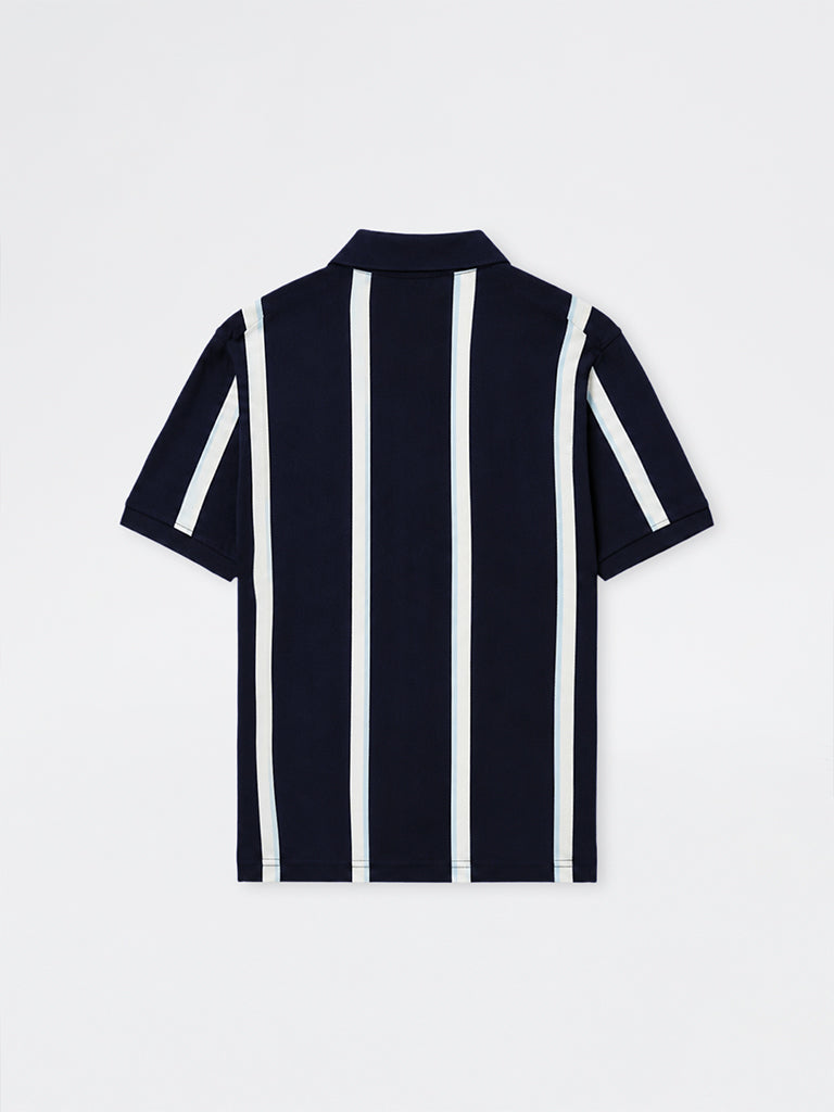 WES Casuals Navy Striped Relaxed-Fit Cotton Polo T-Shirt