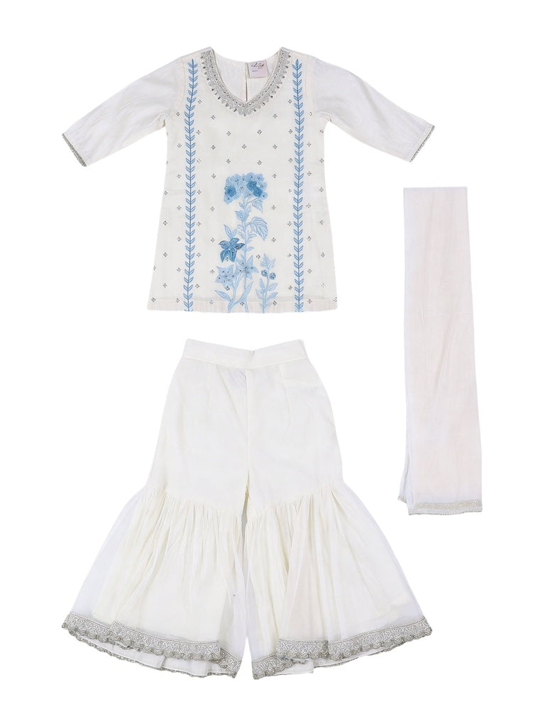 Utsa Kids Girls White Floral Embroidered Cotton-Blend Sharara Set - (2-8 yrs)