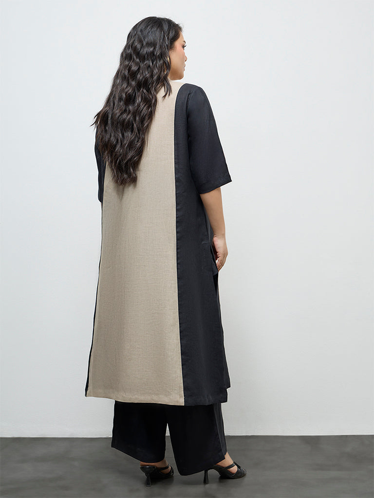 Diza Beige Floral Embroidered A-Line Linen Kurta