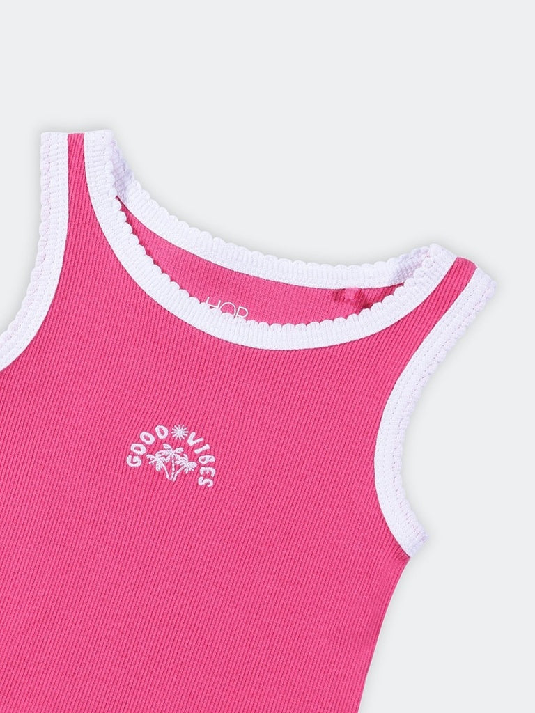 HOP Kids Girls Fuchsia Ribbed Graphic Cotton-Blend Tank Top