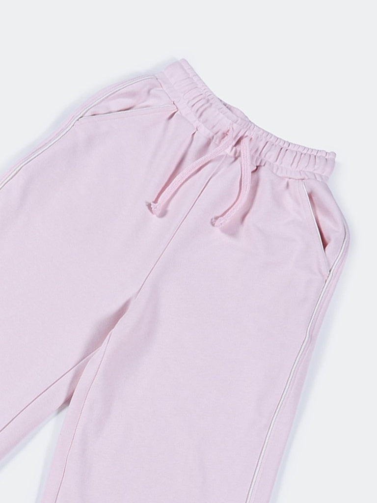 Girls Pink Piping Detail Wide-Leg Cotton-Blend Track Pants