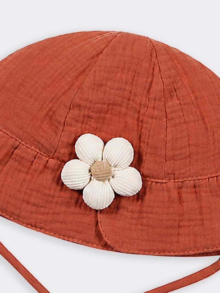 HOP Kids Girls Rust Flower Applique Textured Cotton Wide Brim Bucket Hat