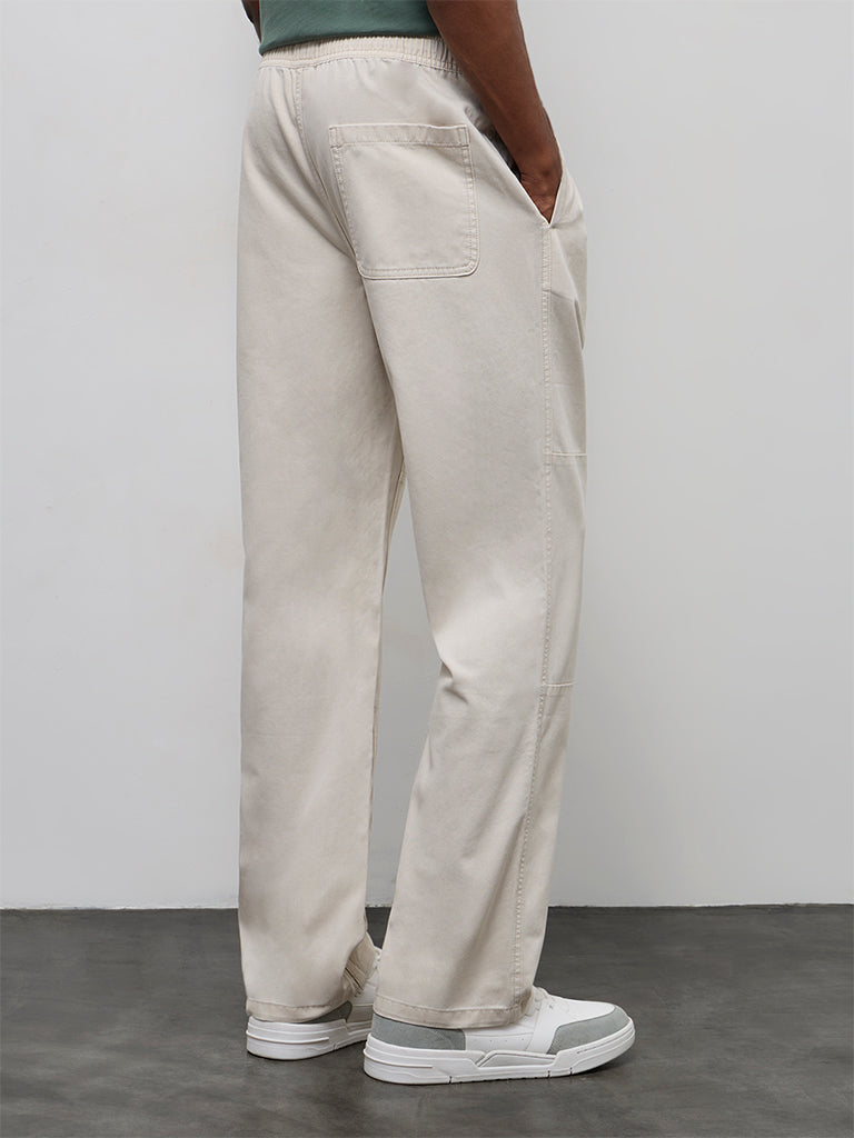 WES Casuals Off-White Relaxed-Fit Mid-Rise Cotton Pants