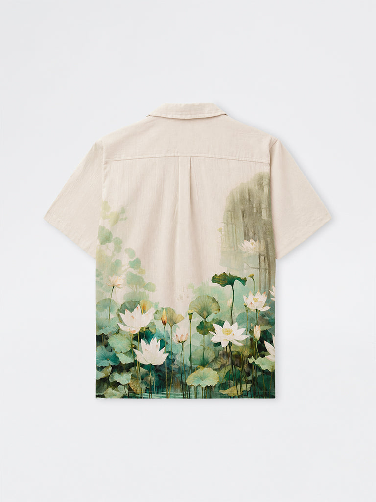 ETA Off-White Floral Printed Relaxed-Fit Cotton Shirt