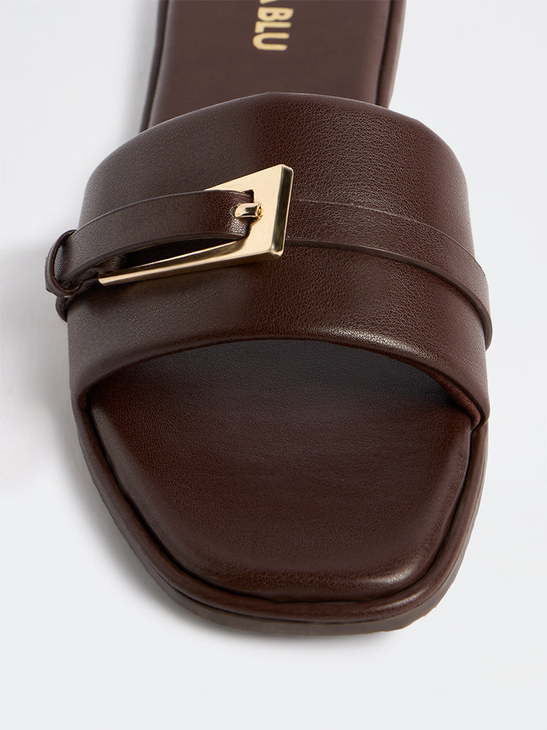LUNA BLU Dark Brown Buckle-Detailed Slides