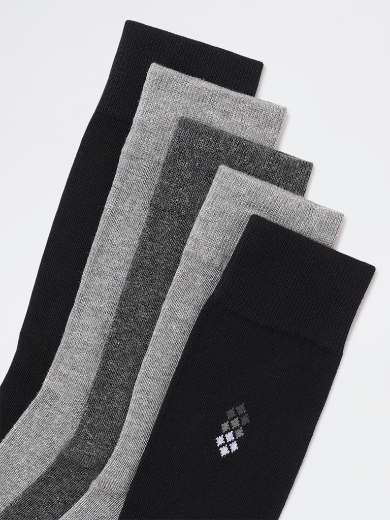 WES Lounge Grey Cotton-Blend Full-Length Socks - Pack of 5