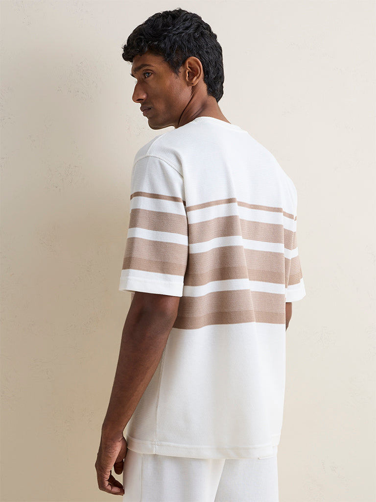 WES Lounge Off-White Striped Relaxed-Fit Cotton-Blend T-Shirt