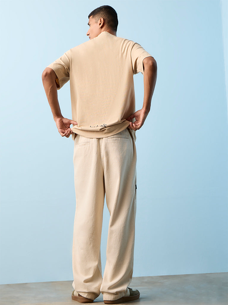 Nuon Off-White Solid Loose-Fit Mid-Rise Jeans