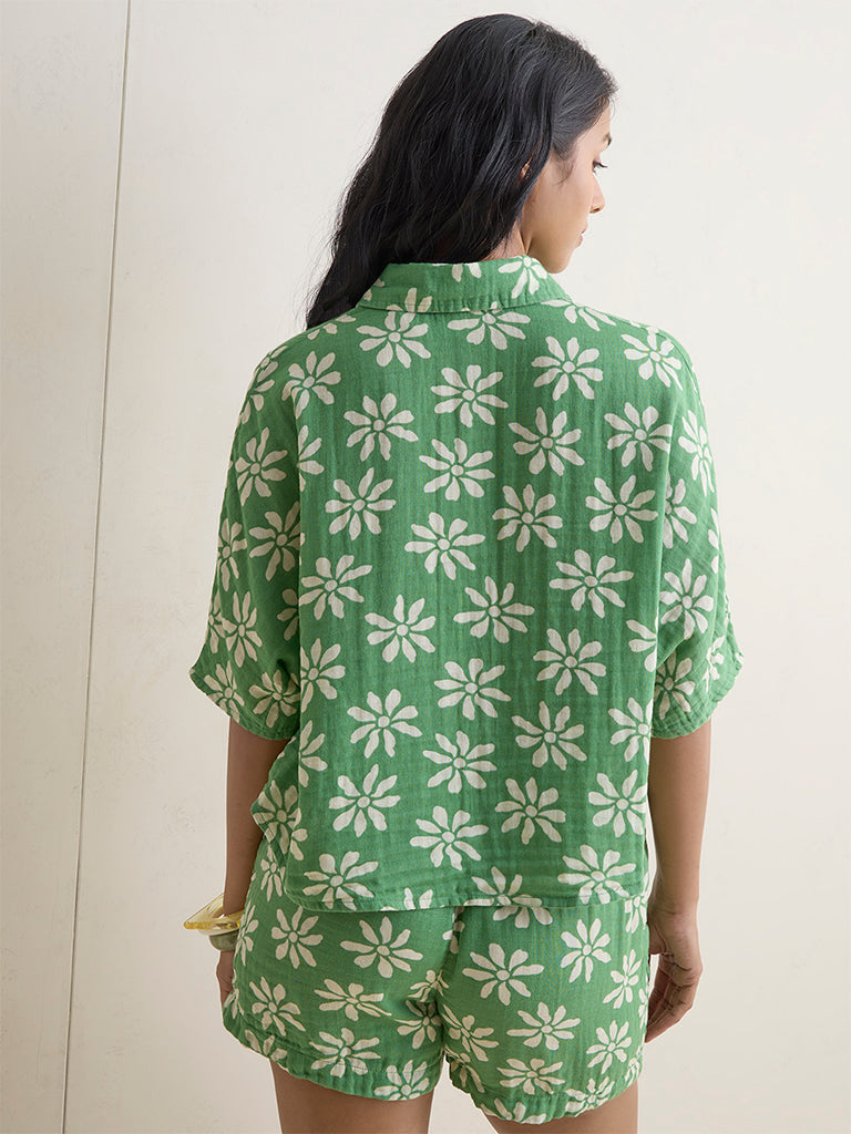 Wunderlove Green Floral Printed Cotton Beach Shirt