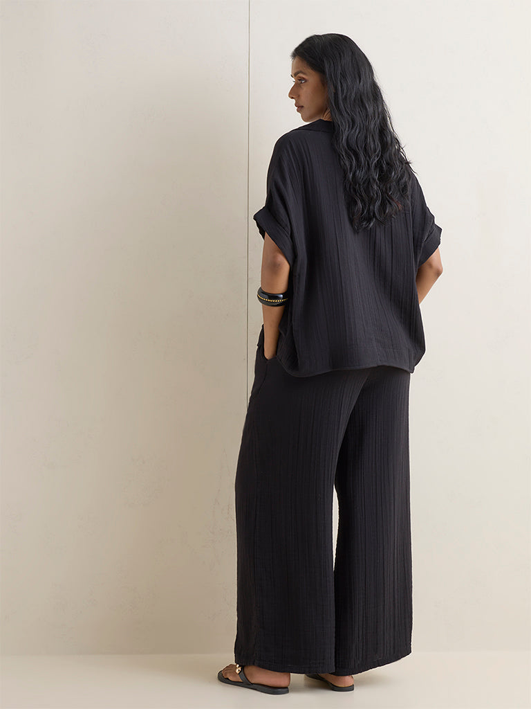 Wunderlove Black Crinkle-Textured High-Rise Cotton Beach Pants