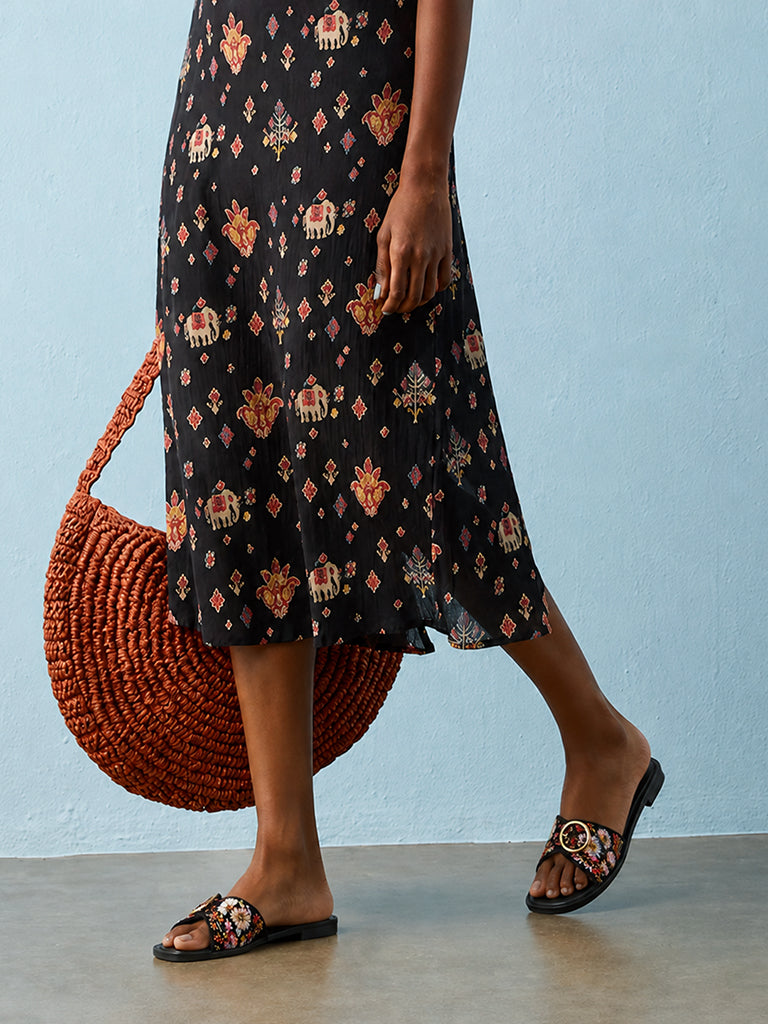 LUNA BLU Black Floral Embroidered Sandals