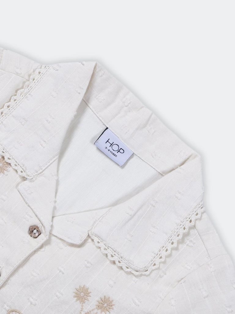 HOP Kids Girls Off-White Dobby Textured Lace Trim Cotton Shirt