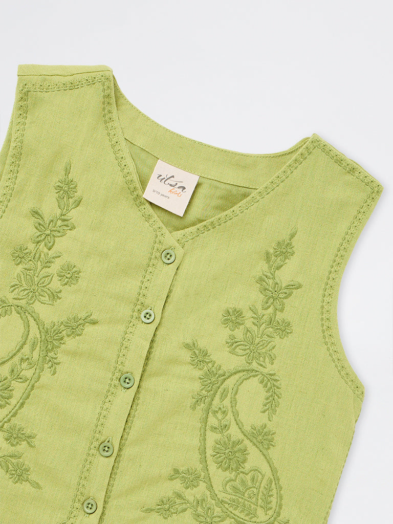 Utsa Kids Girls Green Paisley Embroidered Cotton-Blend Waistcoat - (8-14 yrs)