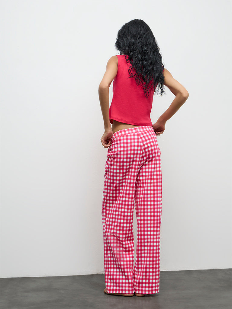 Superstar Pink Checkered High-Rise Cotton-Blend Pants
