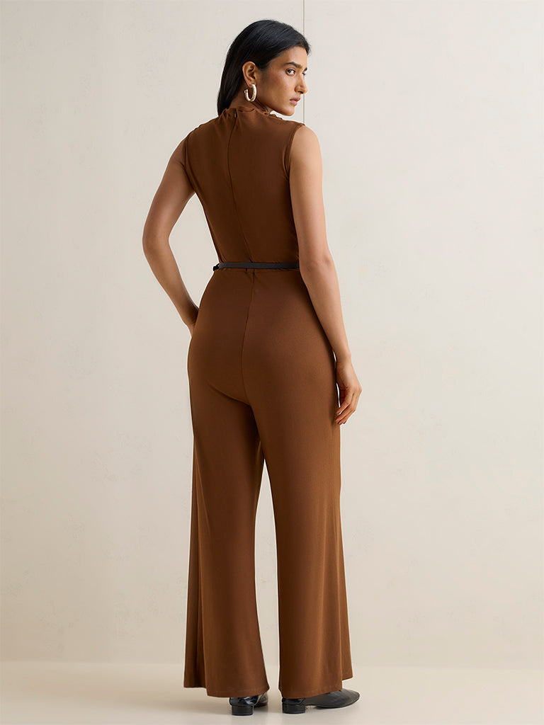 Wardrobe Brown Solid Jumpsuit with Belt
