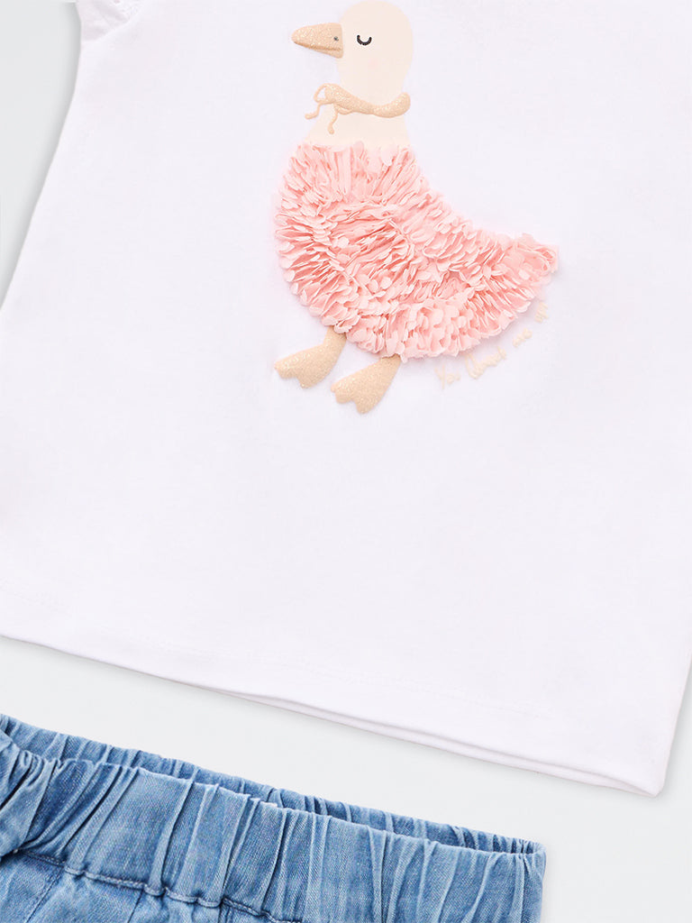 HOP Baby Girls White Duck Applique Cotton T-Shirt and Skort Set