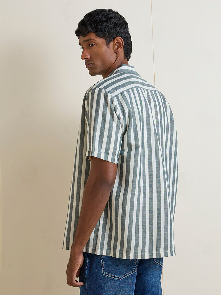 WES Casuals Dark Sage Striped Relaxed-Fit Cotton-Blend Shirt