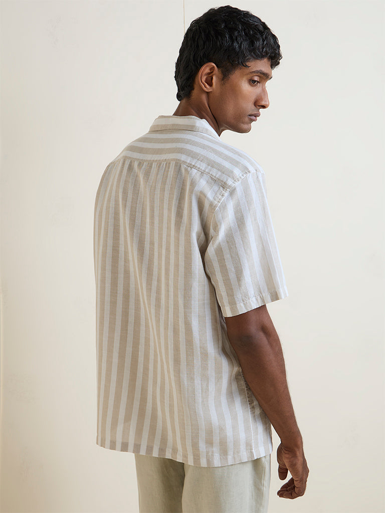 WES Casuals Light Taupe Striped Relaxed-Fit Cotton-Blend Shirt