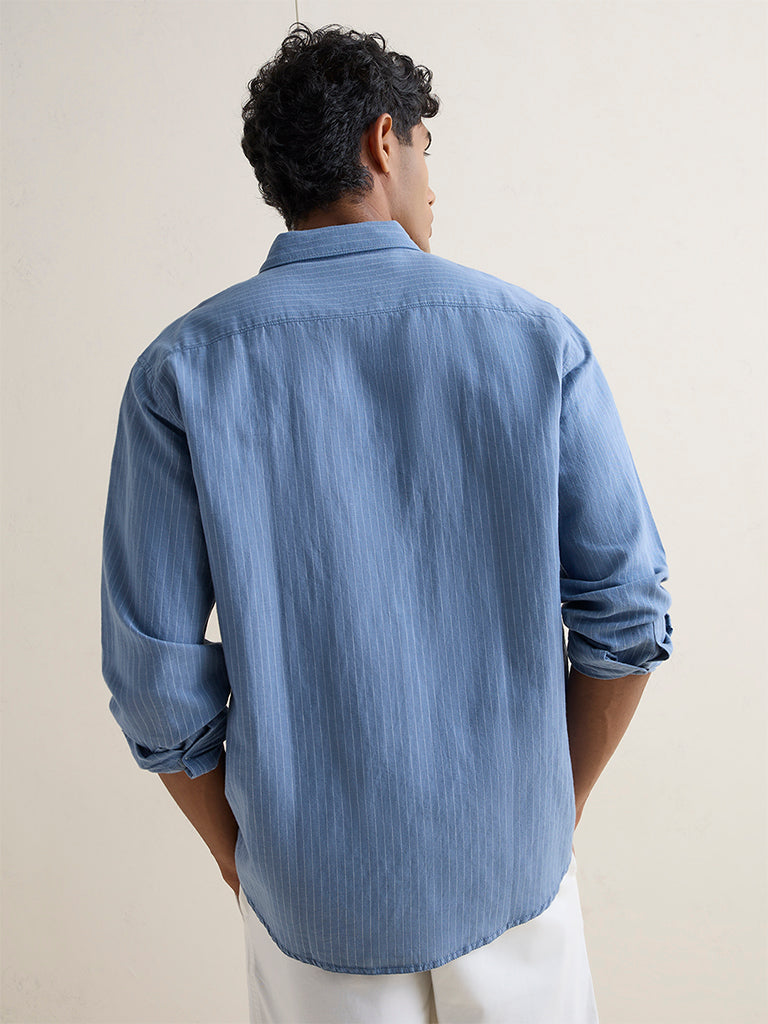 WES Casuals Blue Striped Relaxed-Fit Cotton-Blend Shirt