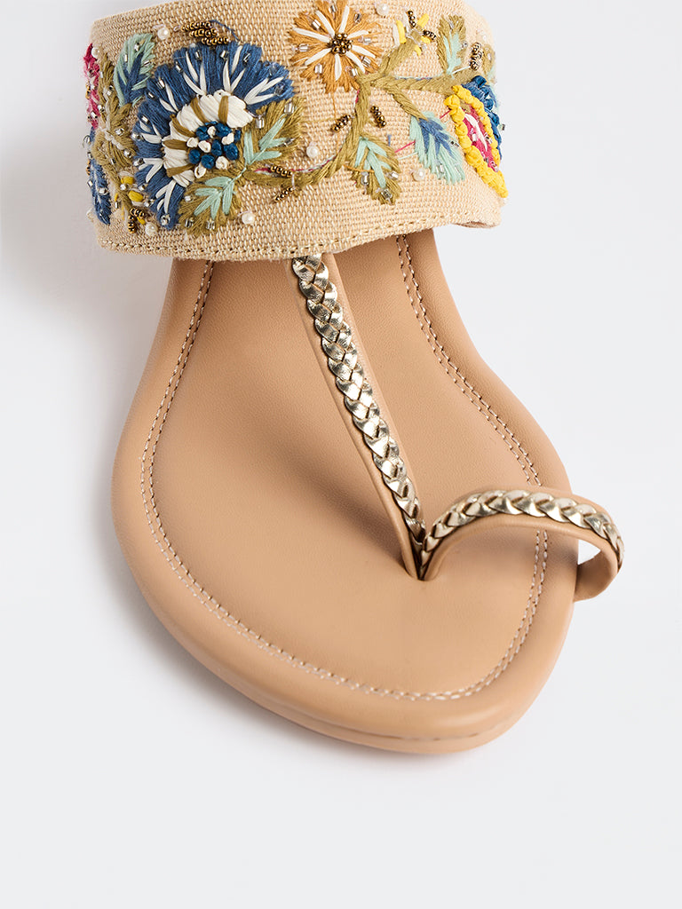 LUNA BLU Beige Kolhapuri Heel Sandals