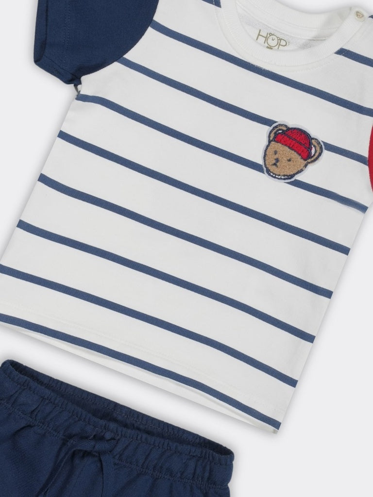 HOP Baby Boys Navy Blue Striped Cotton Regular Fit Tee And Shorts Set