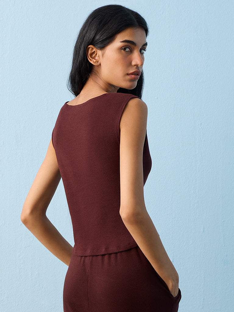 Superstar Brown Solid Square-Neck Cotton-Blend Tank Top