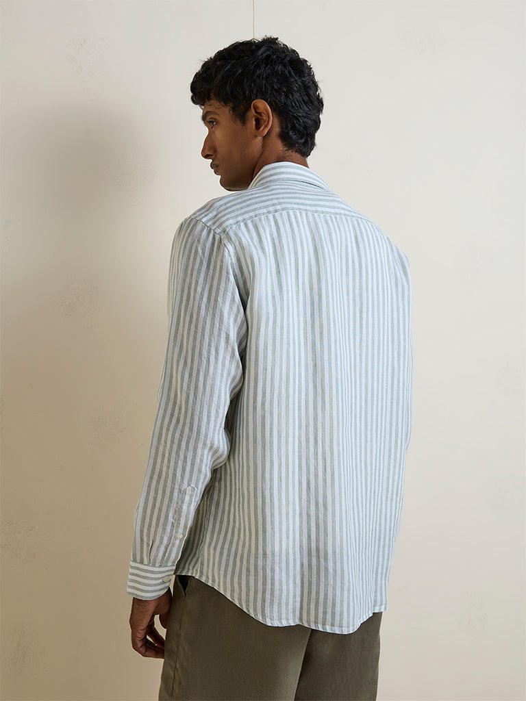 Ascot Sage Green Striped Relaxed-Fit Linen Shirt