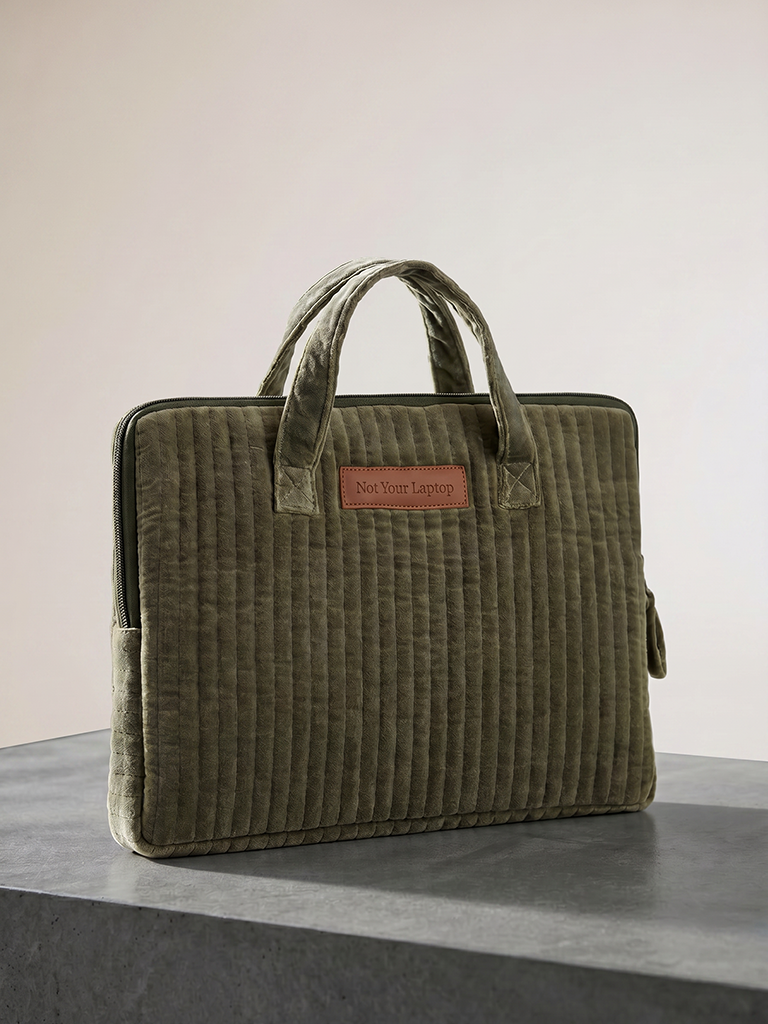 Westside Home Dark Sage Quilted Velvet Laptop Bag