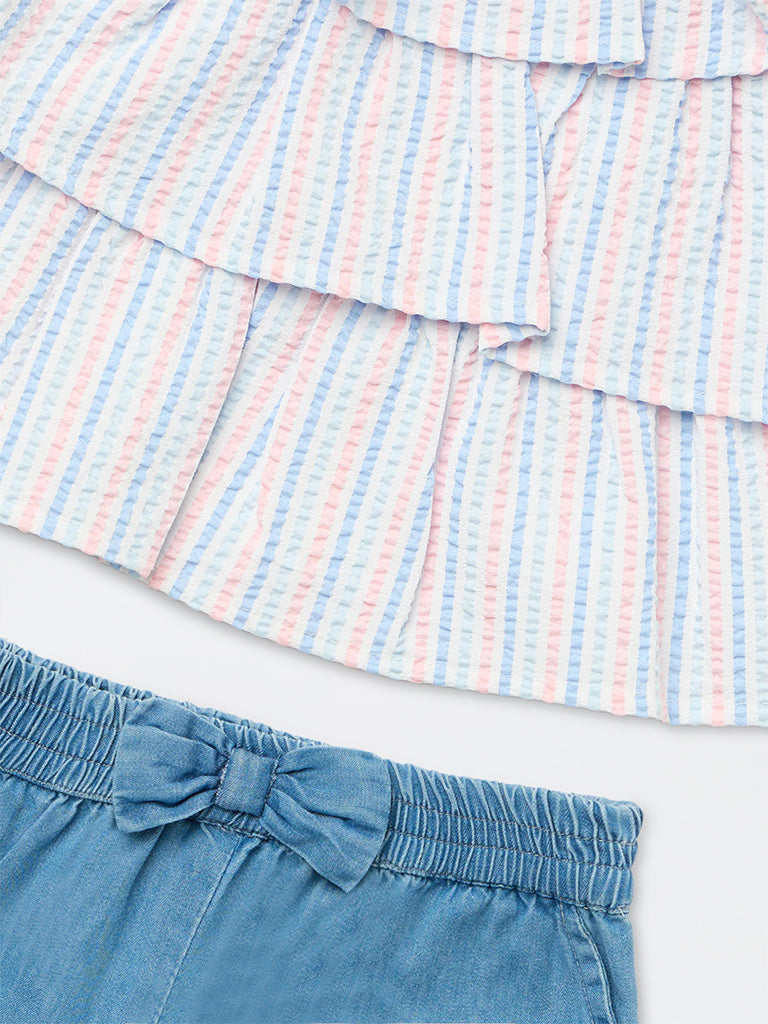 HOP Baby Girls Blue Seersucker Striped Dress with Denim Shorts Set
