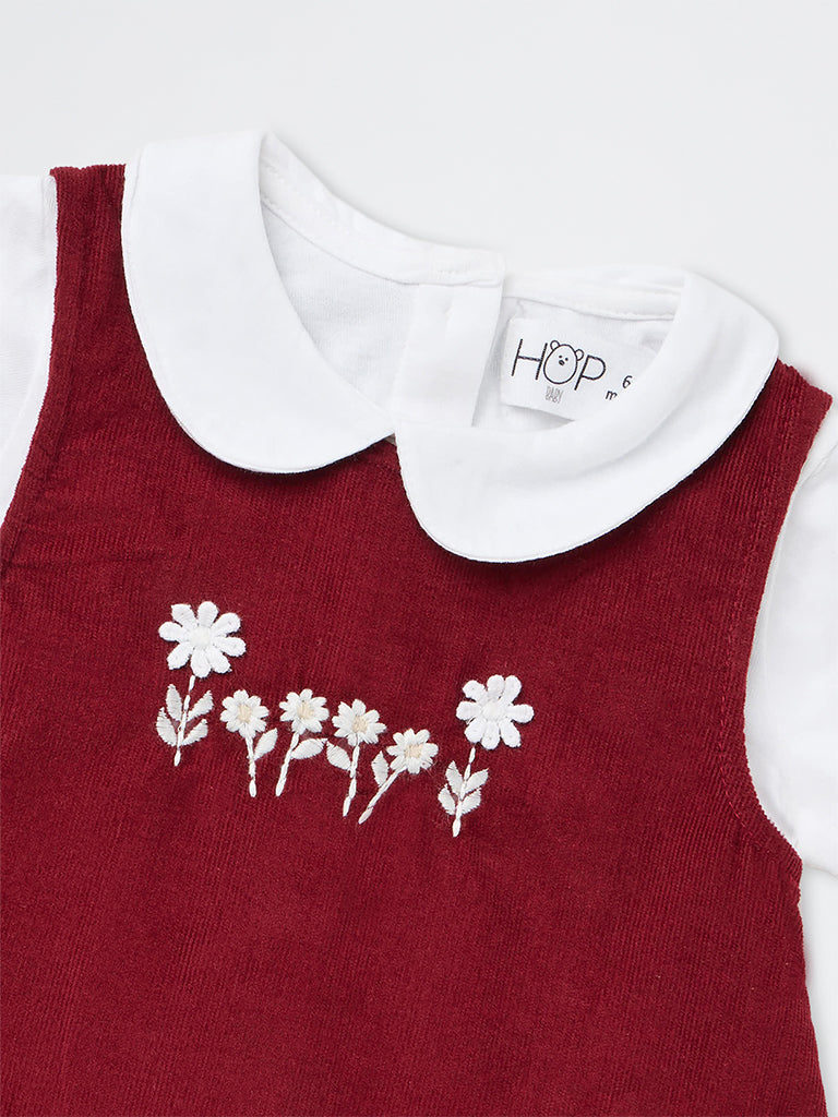 HOP Baby Girls Red Floral Embroidered Cotton Pinafore with Shirt Set