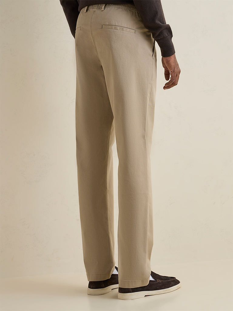 Ascot Khaki Relaxed-Fit Mid-Rise Cotton-Blend Trousers