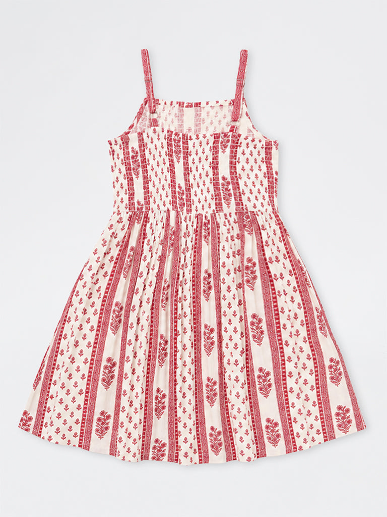Utsa Kids Girls Off-White Striped Floral Printed A-Line Dress - (8 - 14yrs)