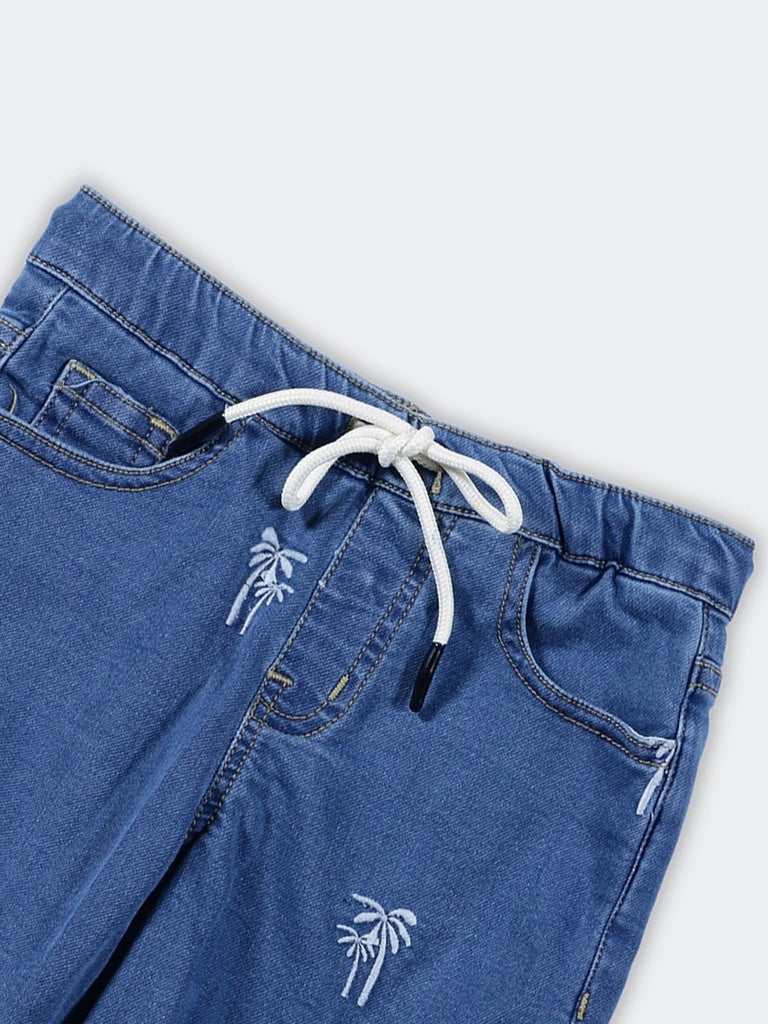 HOP Kids Boys Blue Embroidered Drawstring Denim Shorts