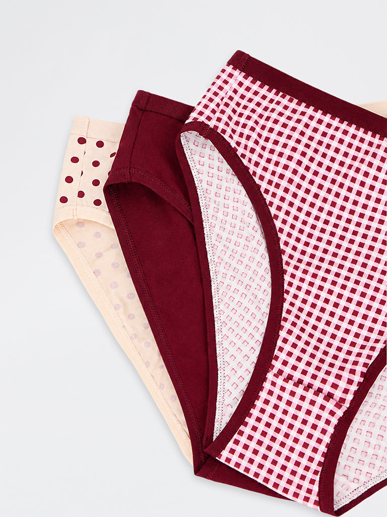 Wunderlove 3 - Pack Checkered Cotton-Blend Hi-Leg Briefs
