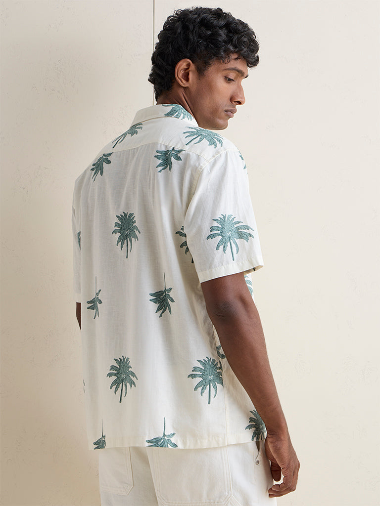 WES Casuals Off-White Botanical Printed Relaxed-Fit Shirt