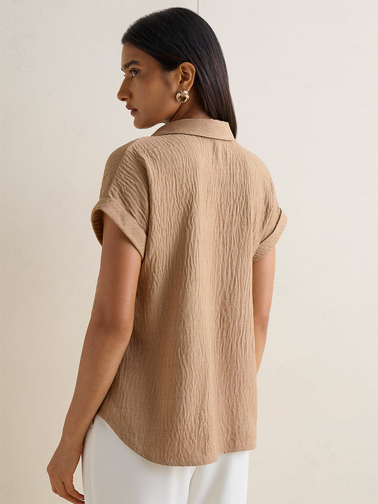 Wardrobe Beige Crinkled Cotton-Blend Blouse
