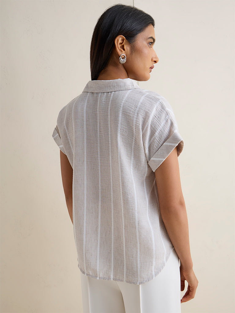 Wardrobe Light Taupe Striped Cotton-Blend Blouse