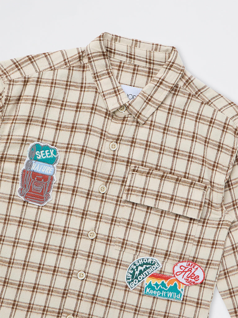 HOP Kids Boys Beige Checkered Cotton Shirt