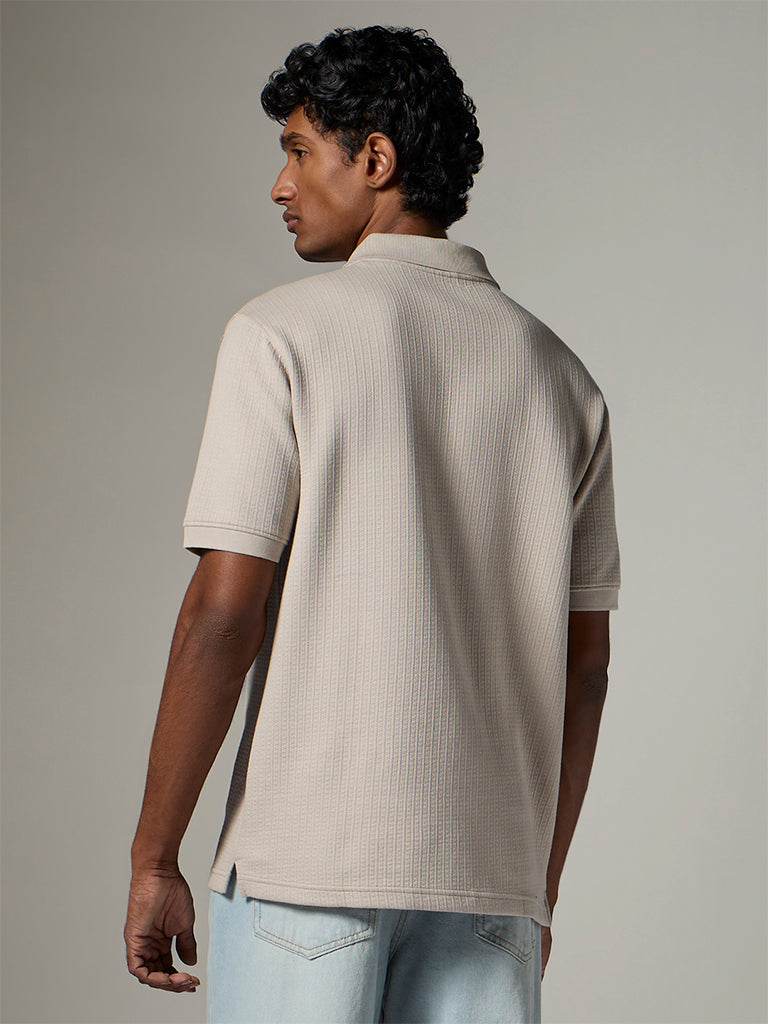 WES Casuals Taupe Textured Relaxed-Fit Cotton-Blend Polo T-Shirt