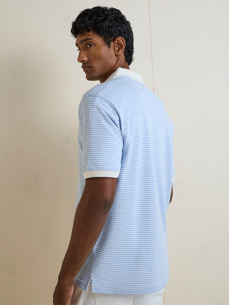 WES Casuals Blue Striped Relaxed-Fit Cotton-Blend Polo T-Shirt