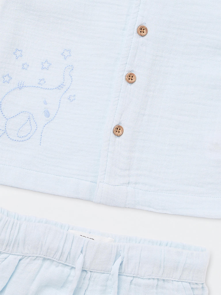 HOP Baby Boys Light Blue Animal Printed Cotton Shirt and Shorts Set