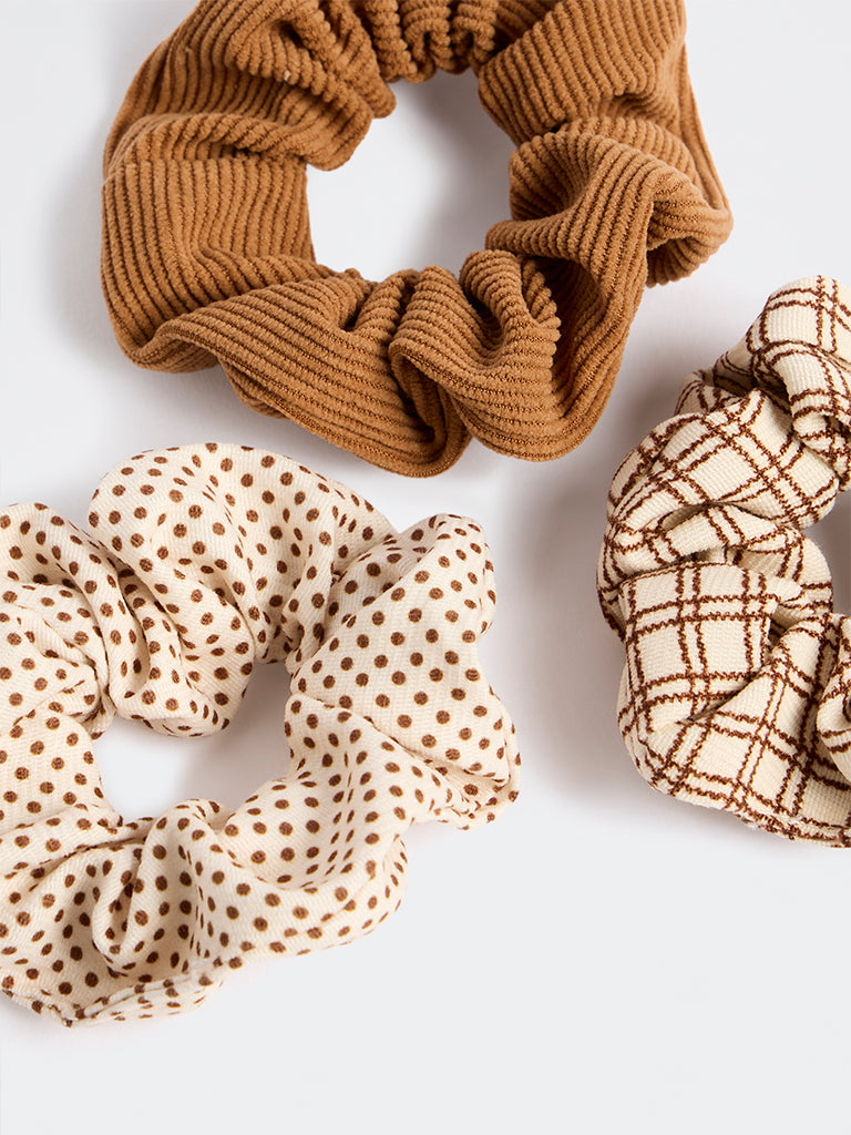 Westside Accessories Brown and Off-White Printed Hair Scrunchies - Pack of 3