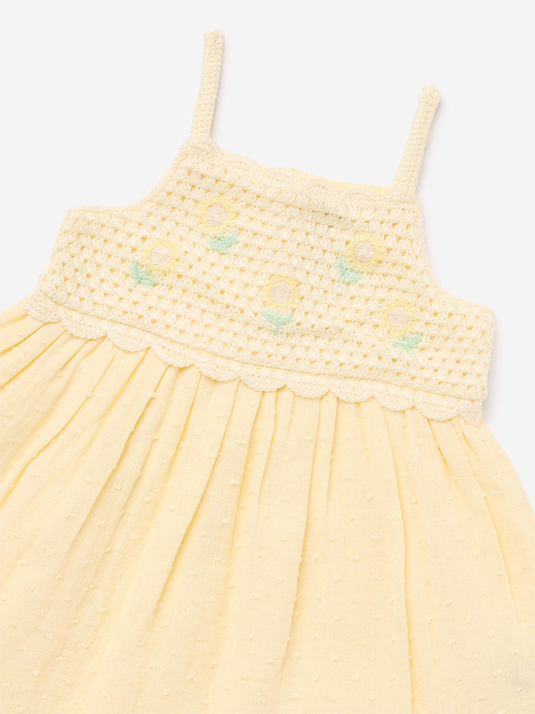 HOP Baby Girl Yellow Crochet Embroidered Cotton A-Line Dress