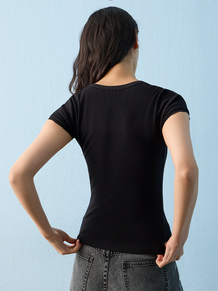 Nuon Black Ribbed Cotton Top
