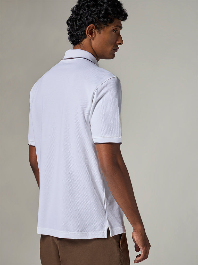 WES Casuals White Textured Relaxed-Fit Cotton-Blend Polo T-Shirt