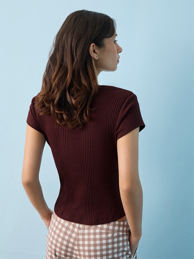 Superstar Dark Brown Ribbed-Textured Cotton-Blend Henley T-Shirt