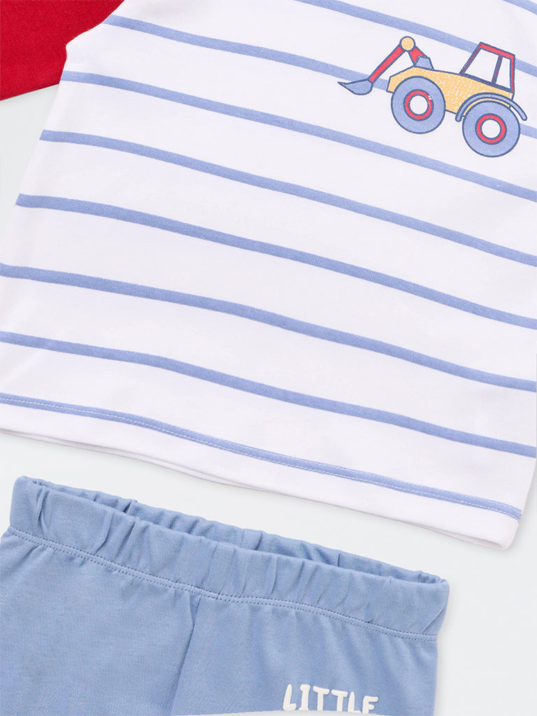 HOP Baby Boys Multicolour Striped Cotton T-Shirt and Pants Set